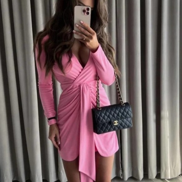 Zara Dresses & Skirts - Zara Pink Draped Knotted Dress Size Large V-Neck Open Back